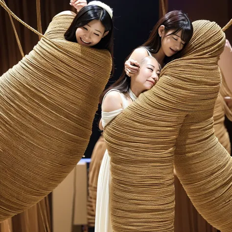 painful expression、highest quality,tangled in the same rope、they are hugging each other、一緒に一つのcocoon化、japanese women、互いにthey are...