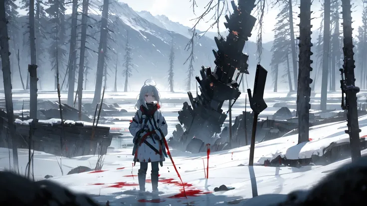 masterpiece:1.2), best quality , solo ,pixiv, anime girl ，long straight white hair , black eyes ,Wearing off-white camouflage uniform ,ten years old，battlefield，Standing in the snowy mountains，(Eyes looking into the distance:1.3)，There is a flame burning b...