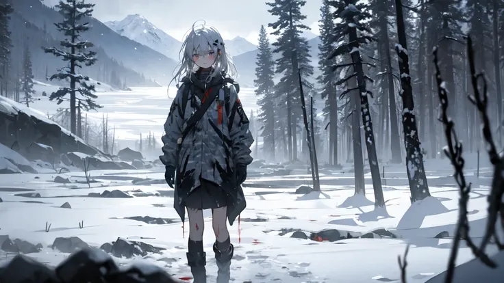 masterpiece:1.2), best quality , solo ,pixiv, anime girl ，long straight white hair , black eyes ,Wearing off-white camouflage uniform ,ten years old，battlefield，Standing in the snowy mountains，(Eyes looking into the distance:1.3)，There is a flame burning b...