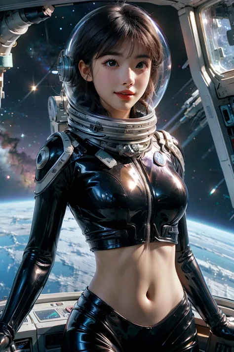 a girl wearing a spacesuit，exposing sexy belly，seven-point lens，looking at the camera，detailed facial features, beautiful eyes, ...