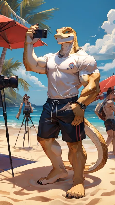 A male furry viper is white and is on the beach as they are taking a photo of it. In the photo he appears in full body and wearing a muscular shirt as well as some shorts.