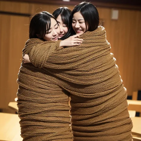 painful expression、highest quality,tangled in the same rope、they are hugging each other、一緒に一つのcocoon化、japanese women、互いにthey are...