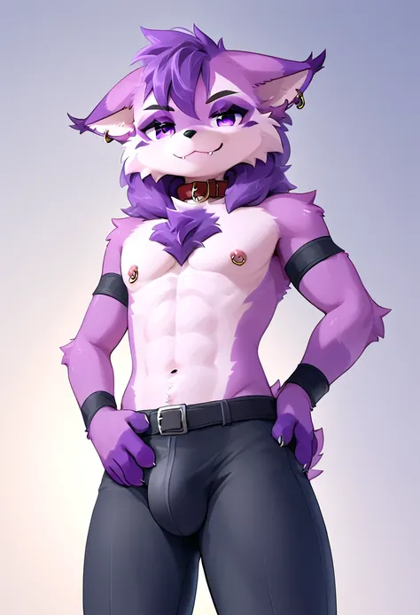 score_9,score_8_up,score_7_up, anthro raccoon, lynx, hybrid, furry art, long hair, hair over shoulder, shirtless, ((shota)), (purple fur), purple body, ((soft body)), fuzzy, one fang, purple eyes, solo focus, kemono, cute, ((eyeliner)), mascara, eyelashes,...