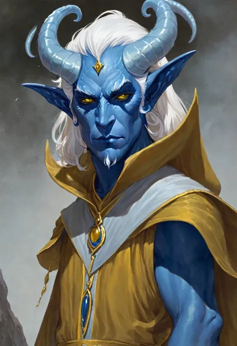 masterpiece, best quality, a high resolution, fantasy, d&d, tiefling man, with blue skin, white hair, thin build, yellow eyes, s...