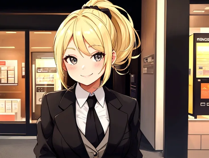 A cute girl with blonde ponytail hair, dressed in a black suit, standing and smiling in front of a bank.