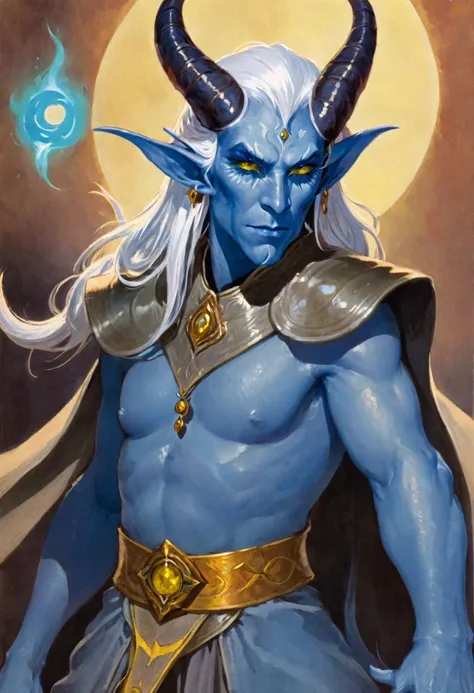 masterpiece, best quality, a high resolution, fantasy, d&d, tiefling man, with blue skin, white hair, thin build, yellow eyes, s...