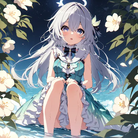 firefly (honkai: star rail),（chise、（Halo）：1.2、Flowering）、（Small Breasts）、（（Blue lace vest dress、See-through dress）：1.2、barefoot、（Sweaty body））、（walk、（Semi-immersed、up to knees、Splash）：1.2、Front view）、（Face Focus、（laughter、Seductive smile）：1.2、open mouth）、1...