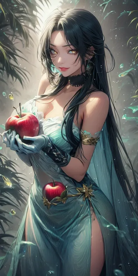 black hair, long hair, parted bangs, golden eyes, curvy, anatomically correct, best quality, masterpiece, high quality, high details, highres, HD, fruit, food, 1girl, apple, holding_apple, holding_fruit, solo, dress, breasts, holding, looking_at_viewer, wh...