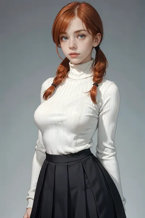 1girl, ginger, freckled face, face freckles, rosy, contemptuous look, 1 girl, solo, pigtails haircut,pale skin, (((huge bust))),...