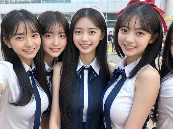 (a trio of super cute korean high school girls take a photo together 1.2)(grin,smile)(beautiful sweat:1.1)(16k, raw photos, high...