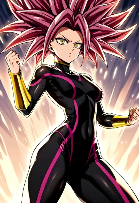 kefla con pelo negro recogido, con top y leggins rojos, estilo one punch man