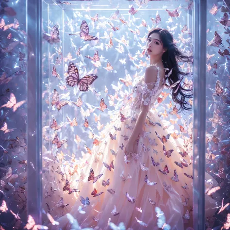 kinghere fensejiaren,one girl,butterfly,alone,dress,long hair,white butterfly,view the viewer,realistic,parted lips,white dress,...