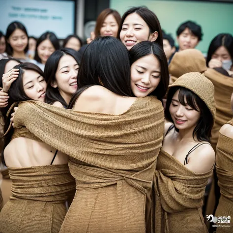 eyes closed、highest quality,lots of people hugging each other、cocoon化、japanese women、５people hugging each other、lots of women in...