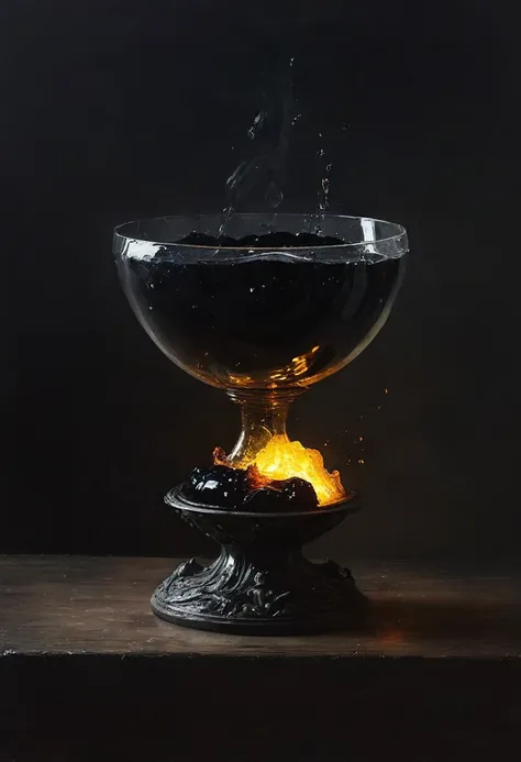 painting of a magic glass bowl, black magical liquid inside. cinematic scene, volumetric lights, ultra realistic, in the style of nicola samori