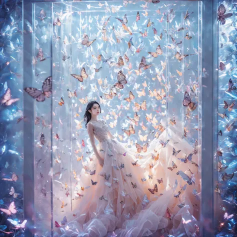 kinghere fensejiaren,one girl,butterfly,alone,dress,long hair,white butterfly,view the viewer,realistic,parted lips,white dress,...