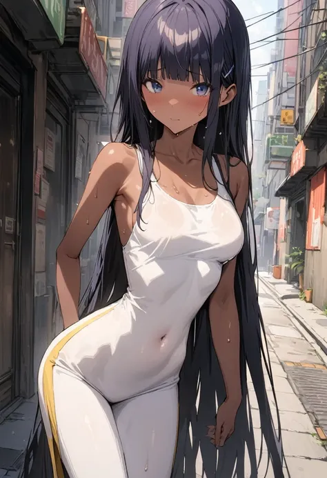 (((masterpiece, Highest quality:1.3,absurdres))),25 year old beauty,solo,((very small head:1.3)),long hair,bangs,dark blue hair,dark blue eyes,gorgeous eyes,shy,medium breasts,((very long body:1.3)),((toned body,slender body)),skinny,((tan skin)),gleaming ...