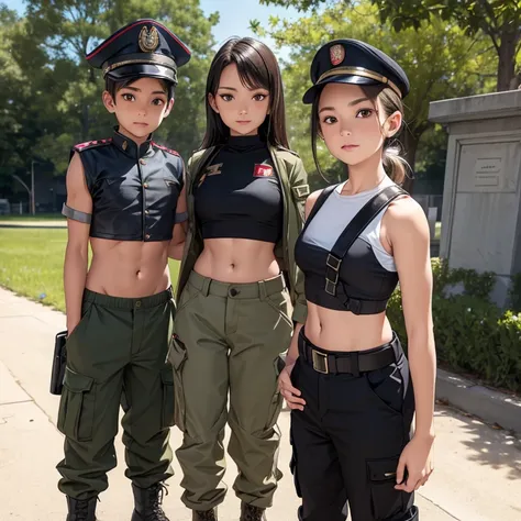 
Women in crop top soldier uniform, soldier hat, exposed abdomen area, very low waist cargo pants, navel piercing , 45 years-old, high ranking , standing, (with a little kids)