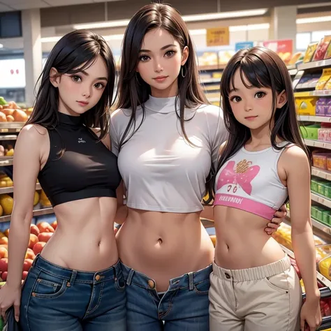 40 years-olds Womens in crop top shirt, (with her little girls) , supermarket , showing navel, show belly, in supermarket, expose a lot of abdomen area around belly button, realistic bellybutton shape, very low waist pants , beautiful belly, 