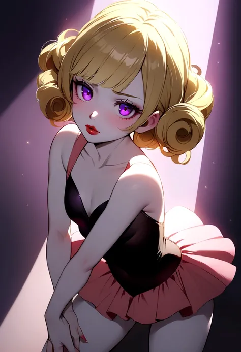 A young woman with curly blonde hair, violet eyes, pale skin, reddish lips, wearing a ballet costume, in a compromising and erotic pose 