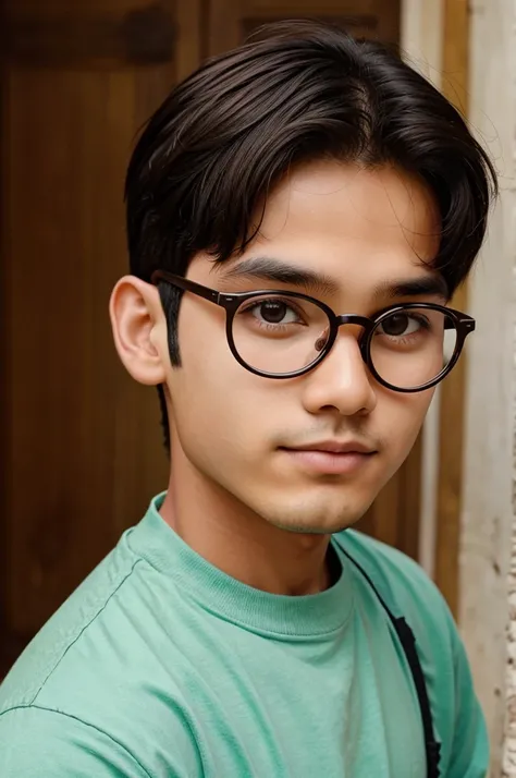 A boy with a French crop, potato shape face and wearing specs