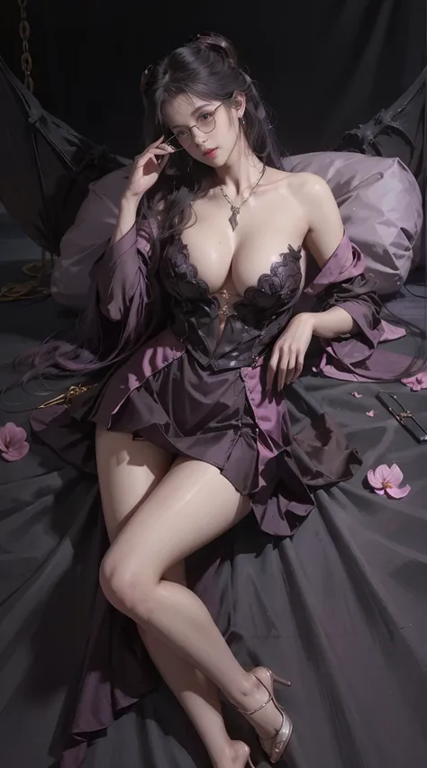 Dark style、Succubus、Devils Daughter、Bat Wings，(((Demon Hornlack-rimmed round glasses))))、(((Colossal tits)))、(Devils Tail),（Woman lying on bed）1 girl, Silver hair, striated hair, Bangs, Blunt bangs, Long hair, Pink hair, aqua eyes, longeyelashes, Purple ey...