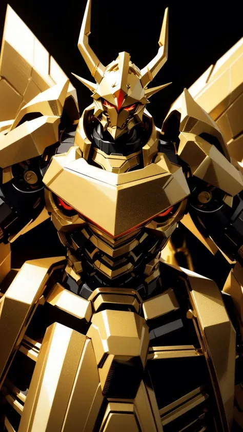 Robot, red mono eye, gold and black body, high quality, golden horns on head, heavily armored, Robot, red mono eye, Gold and Black body, high quality, golden horns on head, heavily armored, gold and black shoulders, arm armor is an austere shade, sunset ba...