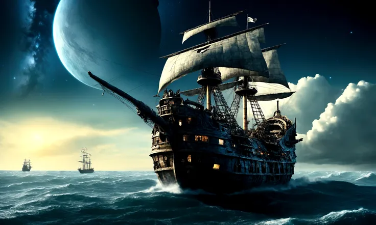 A cinematic close-up still from the movie Interstellar, showing a huge Pirate ship floating in the outer space with pirates standing in front, under a beautiful surreal sky, in a cinematic, movie poster style, influenced by Howard Pyle,and Gerald Scarfe