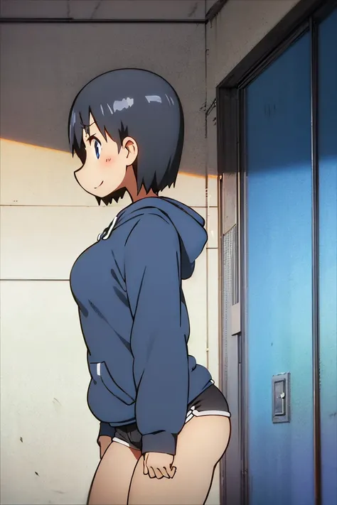 Kyoto animation, female, short hair, middle parted hairstyle, black hair, dark blue eye, cute face, thick eyebrows, big breast, sexy butt, slim body, sexy thigs, dark blue and white half body hoodie, short pants above thigs, brave smile, 90s style, 