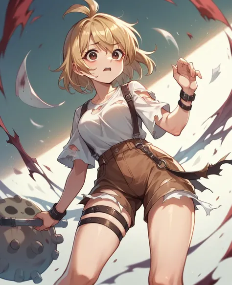 Dibuja a una chica zombie que tenga pelo negro, Brown eyes,white blouse with a little blood on the straps and brown shorts that have torn shorts