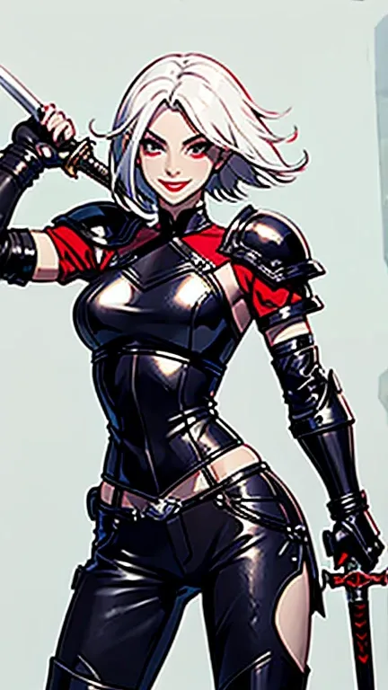 rouge, girl, one armed, amputated arm, feat, white hair, fit, 18, smiling, holding a sword, wearing leather armor 