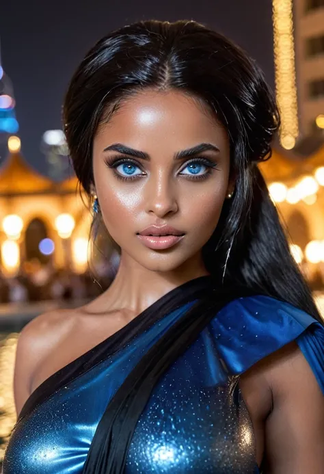 (muste piece, highest quality)((8k)),full body,super detailed,arab girl,very wide eyebrow ,blue eyes ,photorealistic,dark bronze shiny skin,beautiful female mode,Black woman in clothes from biblical times, blue eyes, dubai fountain,,horny, (shiny skin), sh...