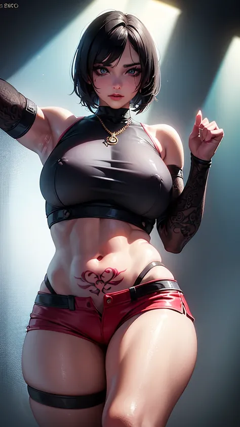 a seductive young girl,1girl,wearing a crop top and hot pants,detailed nipple outline,tattoo on her arm,15 year old,cute,sexy,highly detailed,realistic,photorealistic,HDR,8k,masterpiece,beautiful detailed eyes,beautiful detailed lips,extremely detailed fac...