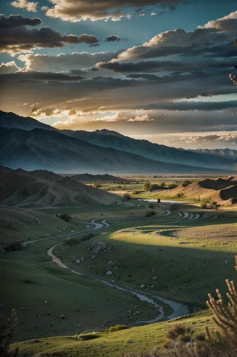 a beautiful landscape of Owens Valley, California, rolling hills, rugged mountains, lush green meadows, winding river, clear blue skies, dramatic clouds, sunlight streaming through, atmospheric lighting, serene and peaceful, highly detailed, photorealistic...