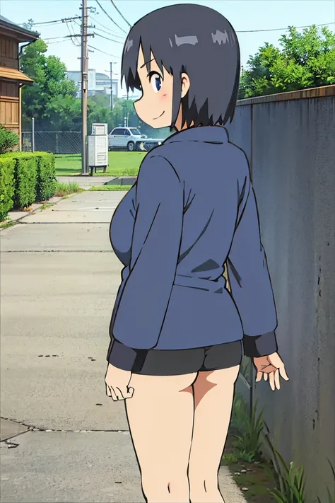 Kyoto animation, female, short hair, middle parted hairstyle, black hair, dark blue eye, cute face, thick eyebrows, big breast, sexy butt, slim body, sexy thigs, dark blue and white hoodie, short pants above thigs, brave smile, 90s style, 