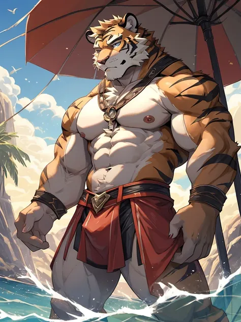 mercenary (Zeros Spellbook), Feline, Mammals, Pantherine, Tiger, Anthro, detailed, 全naked, fur, gray nose, male, Muscular, Muscular Anthro, Muscular male, Nipples, Pecs, pink Nipples, Anthro((dramatic))wonderful, Lewd pose, Low - Angle, Seaside, Sandy Beac...