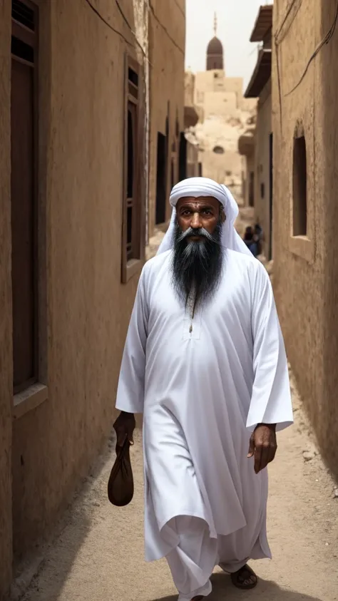 ((A man named Abdur Rahim )). 55 years old with a white beard. He wears traditional Arab clothes. He wears a very big fabric hat. He is walking in an alley. He has a rectangular paper in his hand.
