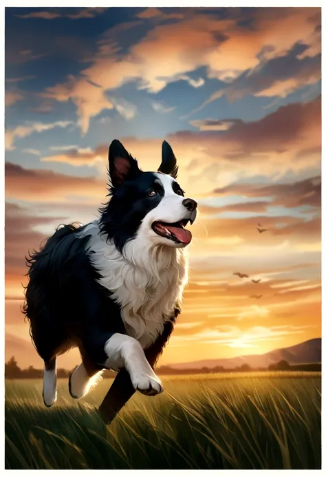 a border collie running in an open field, 50mm lens, hyper realistic, sunset, sheep in the background, side view, sky with few clouds