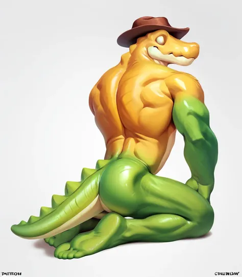 (((Detailed anatomy, detailed eyes, detailed body detailed face, best quality, detailed shading, high resolution))), solo, 1male, Gummigoo, gummy alligator, brown cowboy hat, adult body, muscle body, yellow top gummy body, green low gummy body, tail, white...