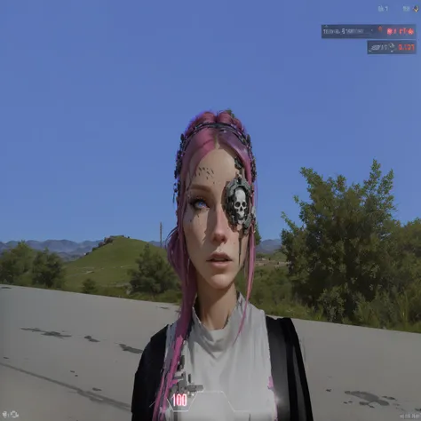 arafed woman with pink hair and a skull on her face, in game, glitch effects over the eyes, unreal 5. rpg portrait, in - game, in-game, second life avatar, on realistic hud, in the cyberpunk countryside, photorealistic screenshot, cybernetic machine female...