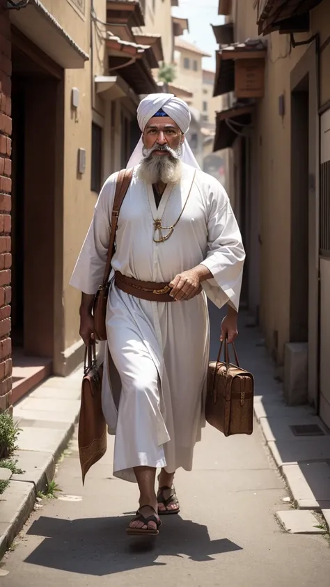 A man named Molanseruddin. 55 years old with a white beard. He wears traditional Arab clothes. He wears a very big turban. He is walking in an alley. He has a rectangular paper in his hand.