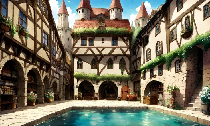 indoor, anime,An illustration, fantasy capital city, Ghibli Studio, Cafe style, Flowers in a flowerpot, Lots of flowers,indoorに石畳, indoorに幻想的な小さい池, Medieval city,I can see the castle outside my window, Elf Room, Bookshelf, Pool,Clear water in the sunlight,...