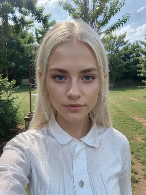 white northerner with platinum blonde hair, platinum subtle natural eyebrows and blue eyes. Fully dressed. No make up, selfie in the outdoor. super realistic and detailed 