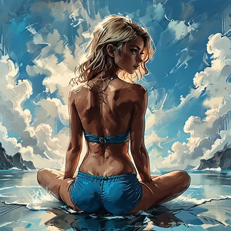 
((back view)), girl sitting in lotus pose on the surface of the water against the background of clouds, 
turned around, turn about, surprise,
 sitting on the water, back view girl sits in the lotus position, cloud, sea line, only water and clouds,
girl in...