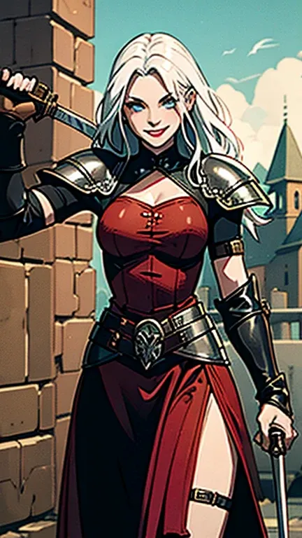 medieval rouge, girl, one armed, amputated arm, feat, white hair, fit, 18, smiling, holding a sword, wearing medieval leather armor 