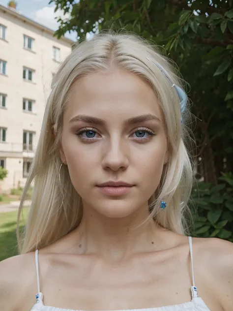 white northerner with platinum blonde hair, platinum subtle natural eyebrows and blue eyes. Fully dressed. No make up, selfie in the outdoor. super realistic and detailed 