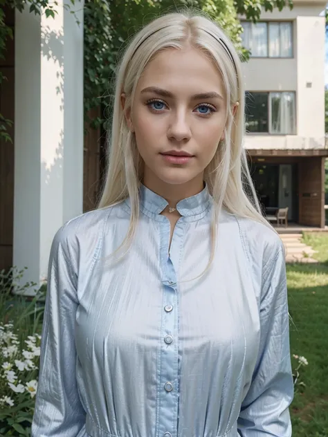 white northerner with platinum blonde hair, platinum subtle natural eyebrows and blue eyes. Fully dressed. No make up, selfie in the outdoor сзади советских домов. super realistic and detailed 