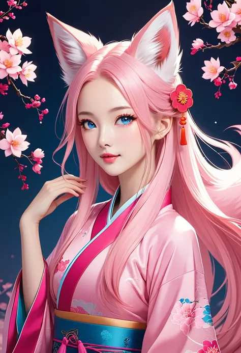 woman, light pink long hair without bangs, open forehead, thin pink lips, bright blue eyes Chinese clothing style Pink fox ears, Pink foxtail 