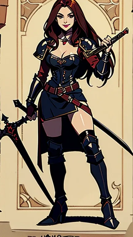 medieval rouge, girl, full body, beautiful face, feat, brunet hair, fit, 18, smiling, holding a sword, wearing medieval leather armor 