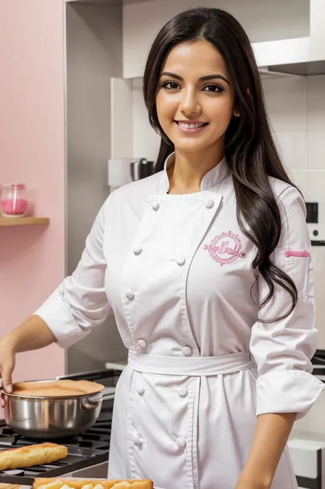 Mujer de piel blanca blanca, cabello negro y ondulado, muy feliz, batiendo una mezcla, estando en una cocina siendo una chef, con su traje blanco con rosado, es para el logo de una pasteleria 