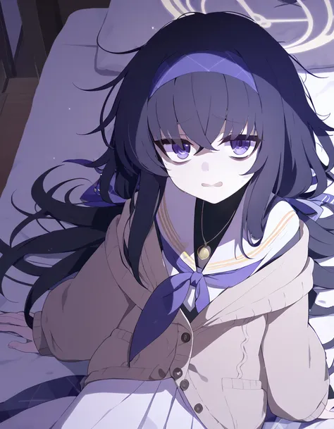 Troubled face, frustrated eyes (bed, bed room), ui kozeki, (bags under eyes), black hair, (purple eyes:1.5), halo, long hair, 1girl, solo, Ui_(Blue_Archive), black pantyhose, black undershirt, blue hairband, blue neckerchief, brown cardigan, brown sweater,...